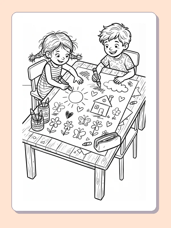Two children using crayons to draw flowers and shapes at a small table.