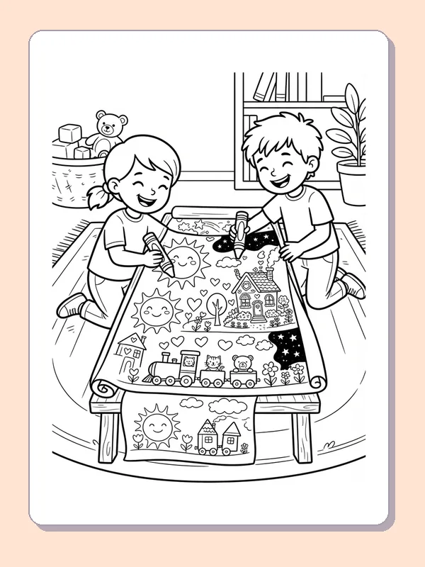 Two children leaning over a large garden drawing spread across a low table.