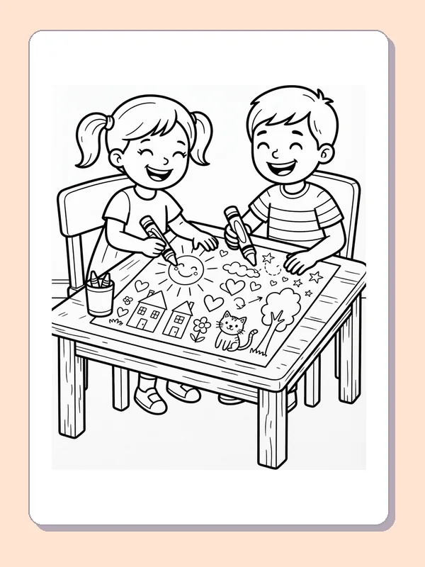 Two children drawing a sun, flowers and houses with crayons at a table.
