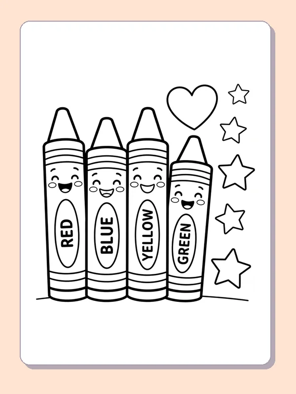 Four smiling labeled crayon characters with hearts and stars.
