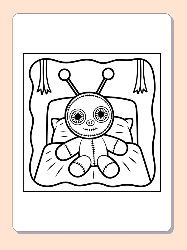 Black and white printable button-eyed doll in a bed coloring sheet