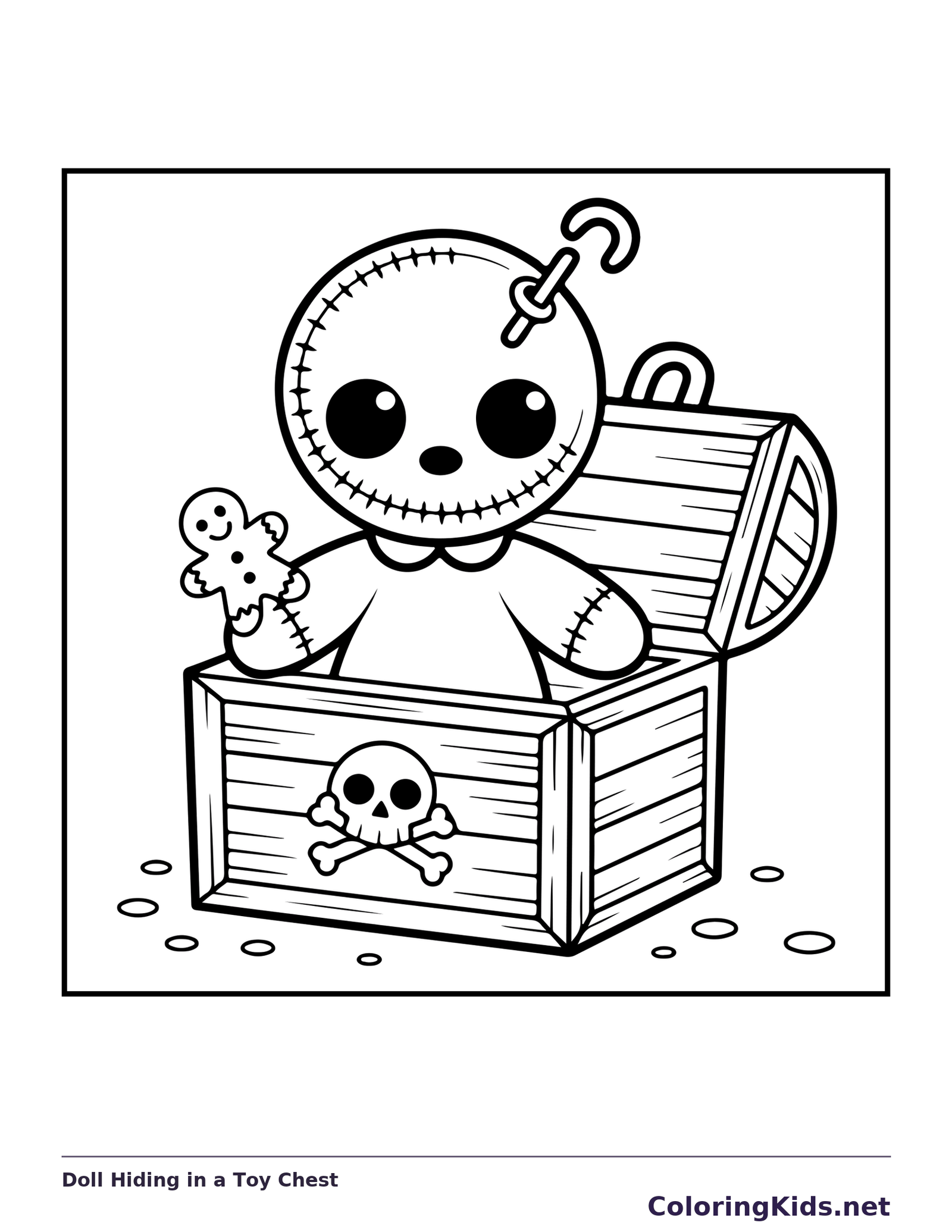 Black and white printable doll hiding in a toy chest coloring sheet