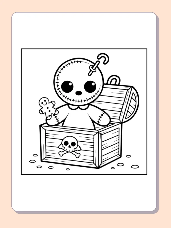 Black and white printable doll hiding in a toy chest coloring sheet