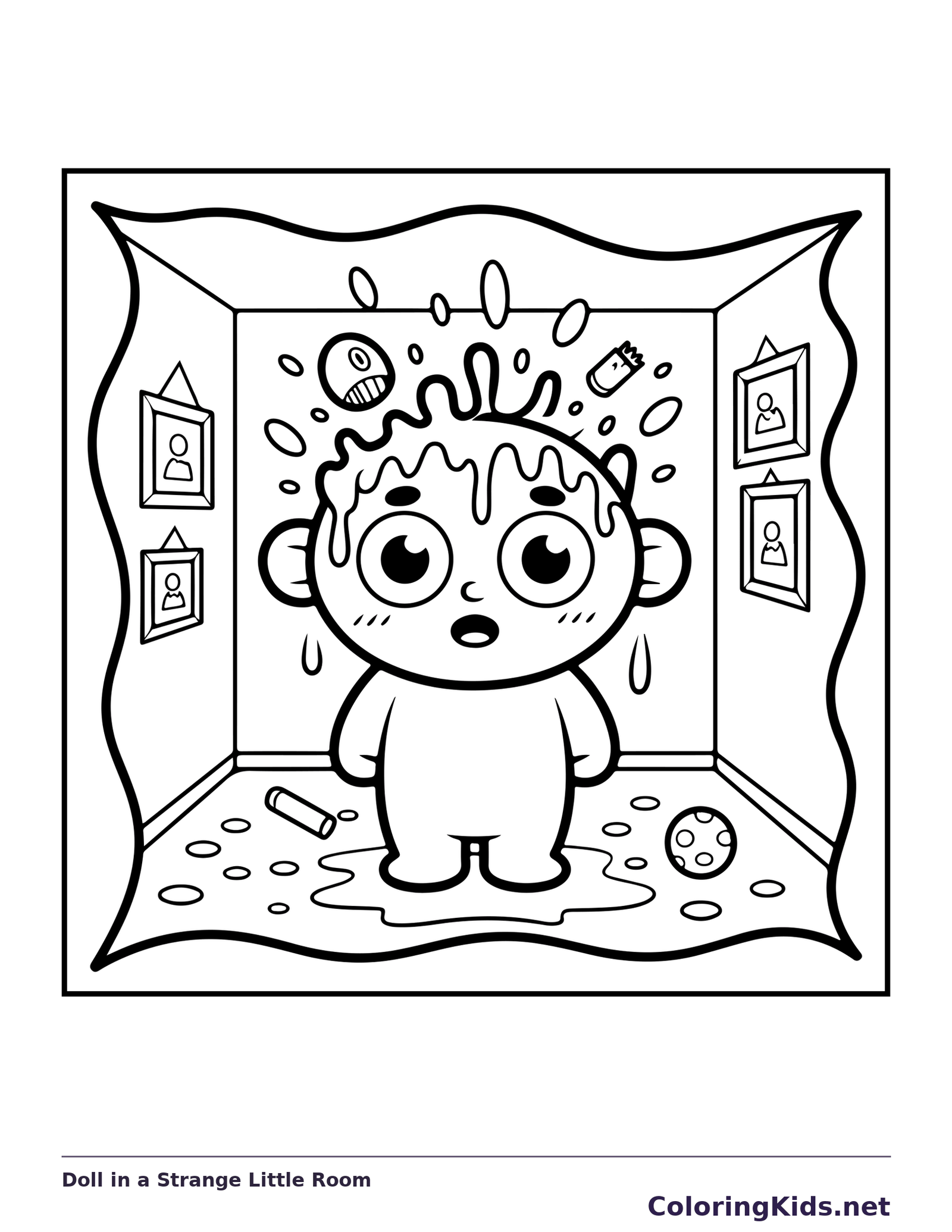 Black and white printable doll in a strange little room coloring sheet