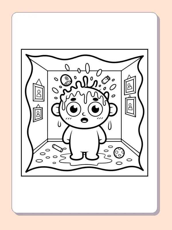Black and white printable doll in a strange little room coloring sheet