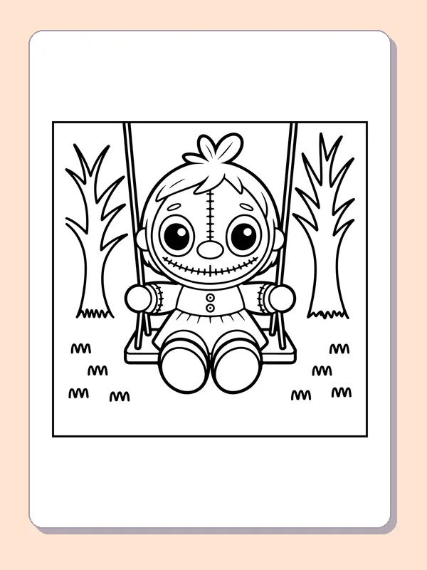 Black and white printable doll on a woodland swing coloring sheet