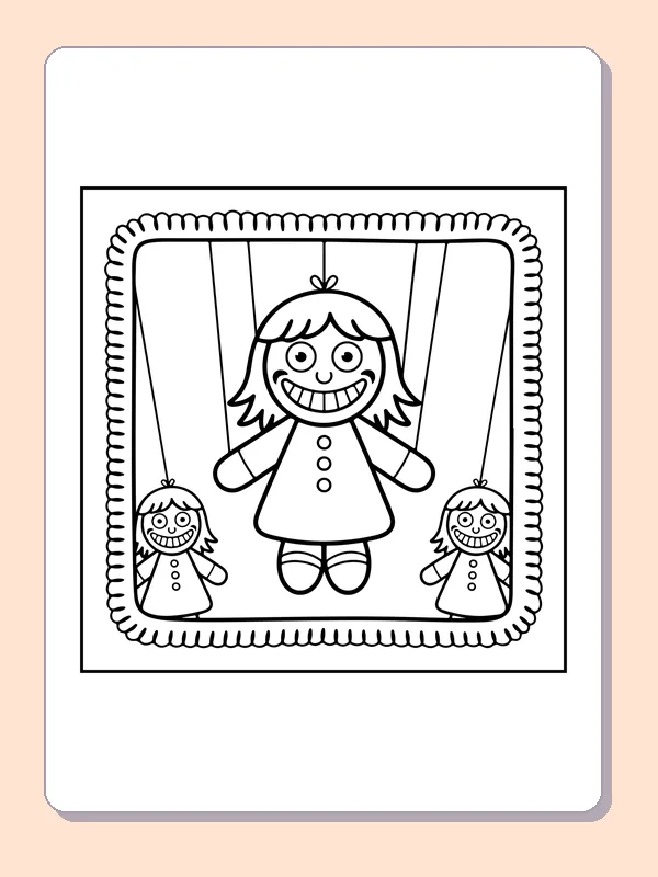 Black and white printable doll with two tiny hanging toys coloring sheet