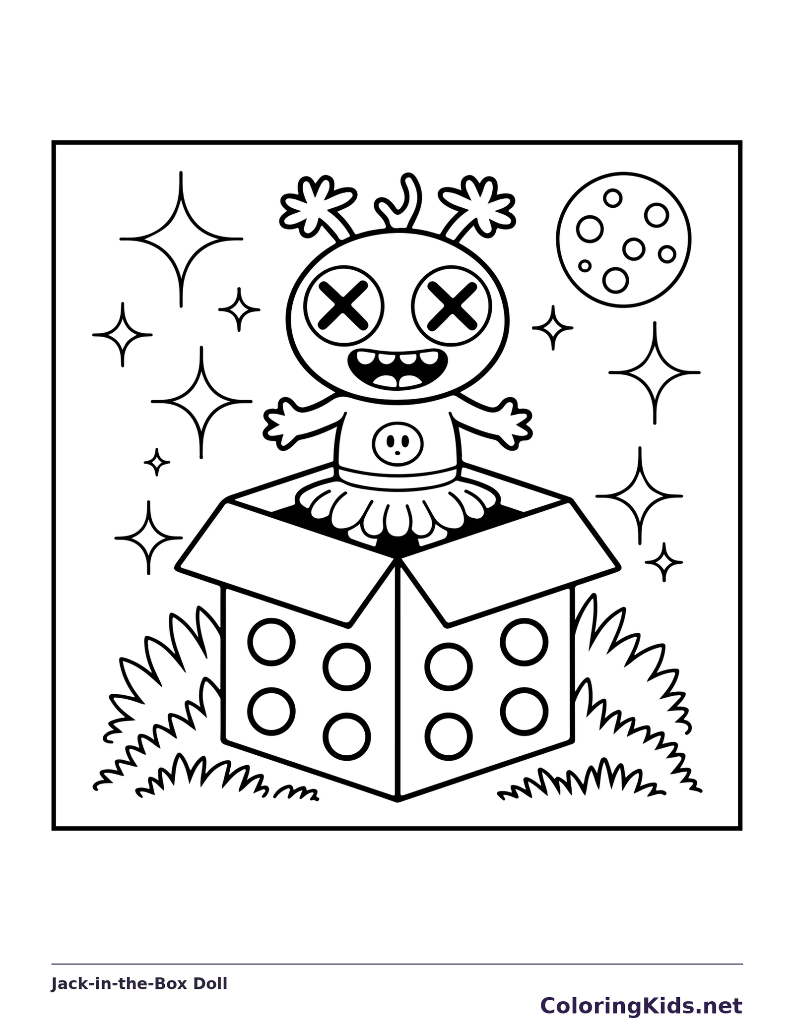 Black and white printable jack-in-the-box doll coloring sheet