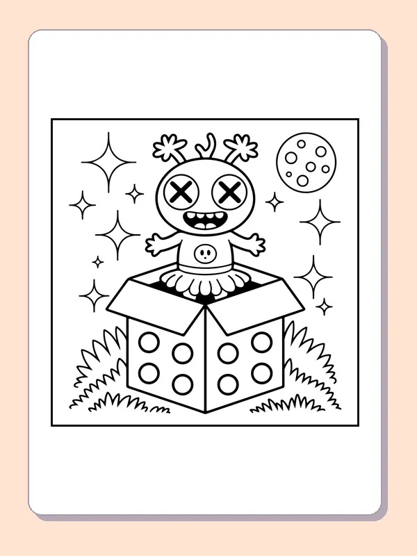 Black and white printable jack-in-the-box doll coloring sheet