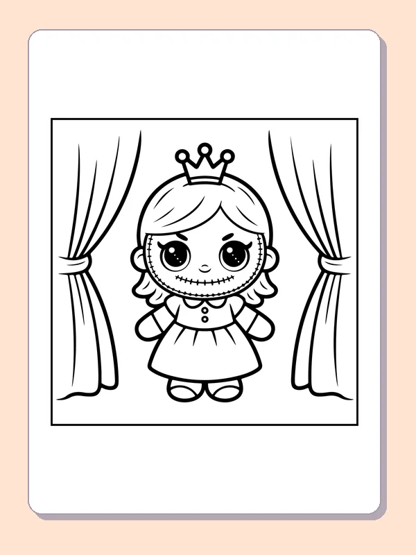 Black and white printable little princess doll behind curtains coloring sheet