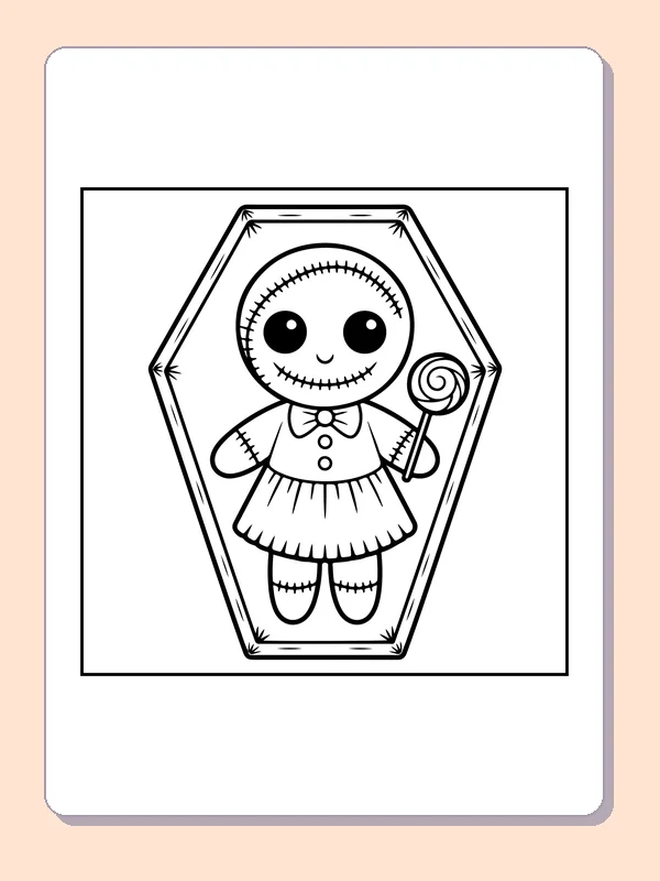 Black and white printable lollipop doll in a coffin frame coloring sheet