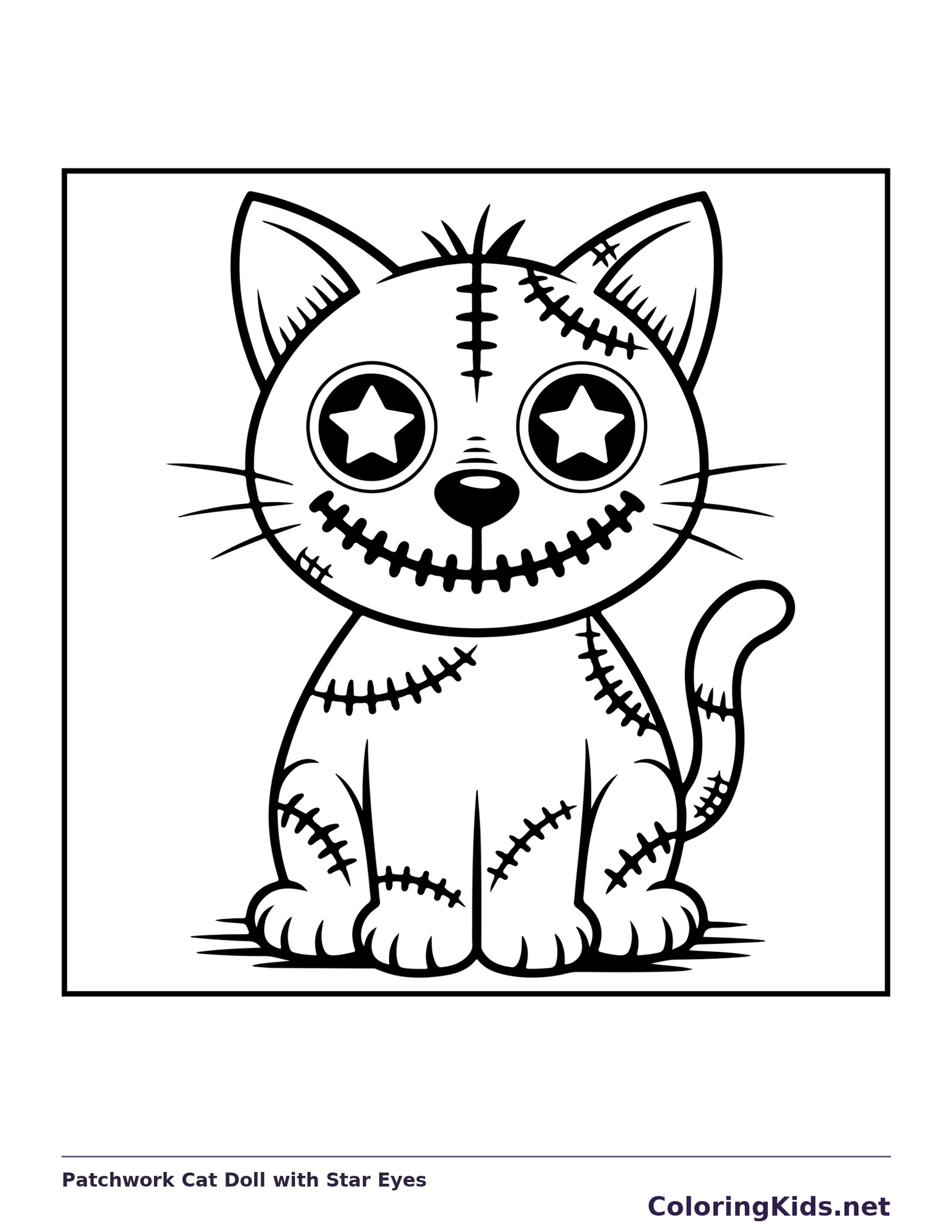 Black and white printable patchwork cat doll with star eyes coloring sheet