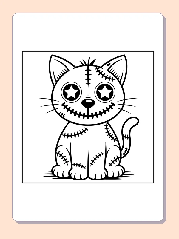 Black and white printable patchwork cat doll with star eyes coloring sheet