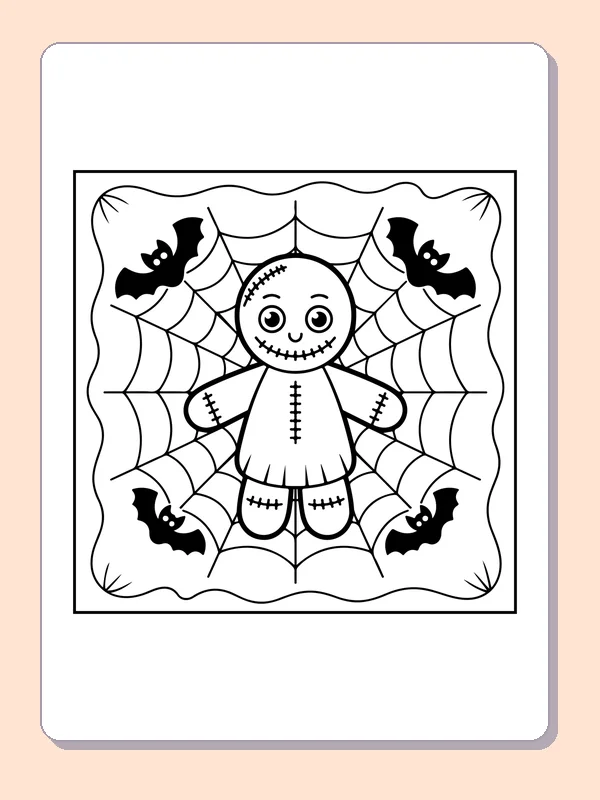 Black and white printable patchwork doll on a spiderweb coloring sheet