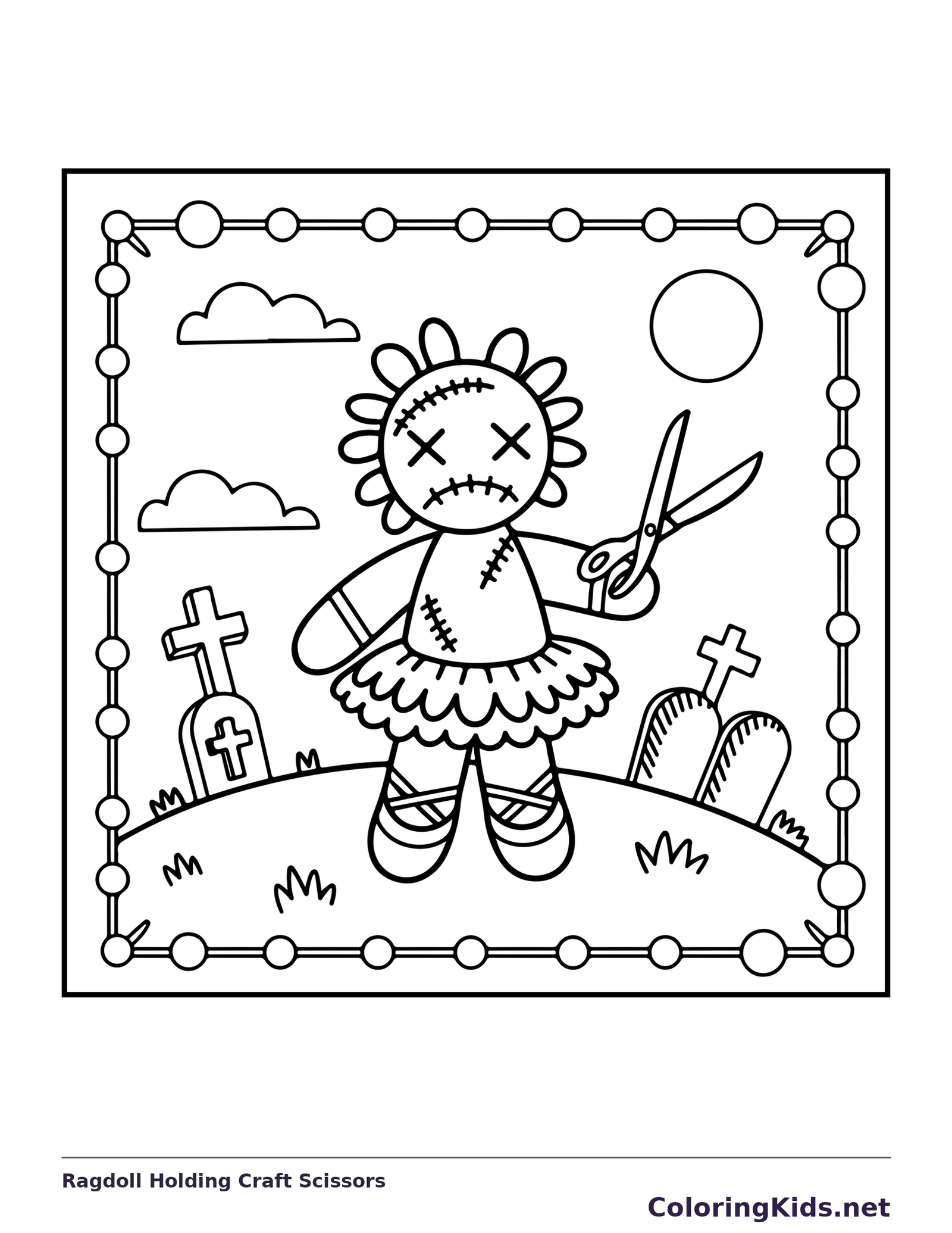 Black and white printable ragdoll holding craft scissors coloring sheet