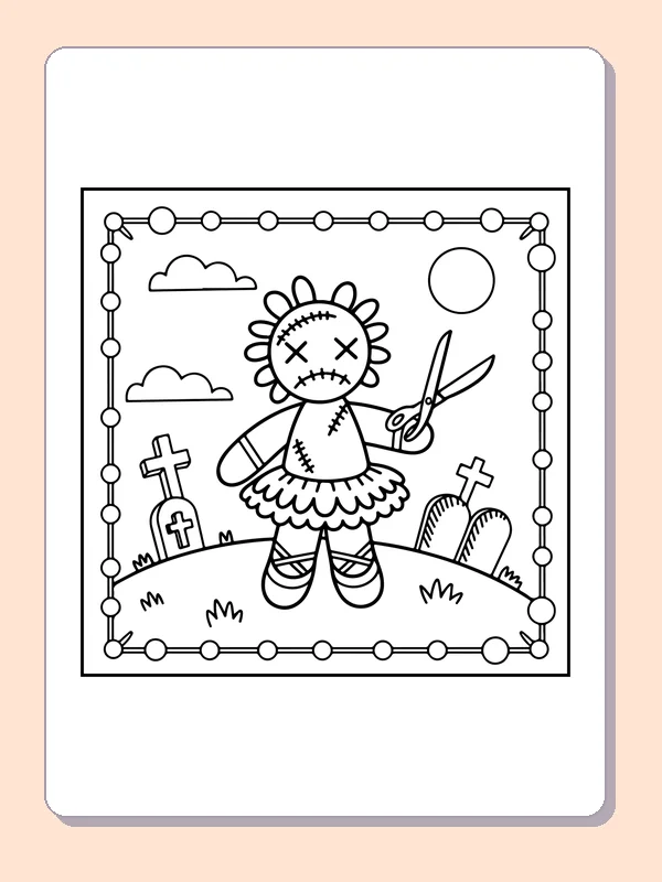 Black and white printable ragdoll holding craft scissors coloring sheet