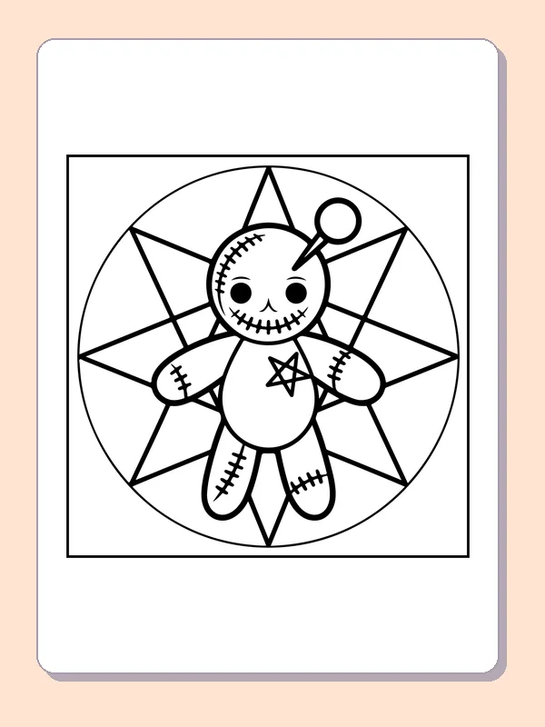 Black and white printable ragdoll inside a star circle coloring sheet