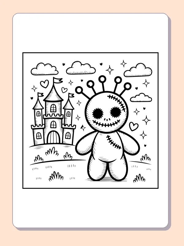 Black and white printable ragdoll with a star wand coloring sheet