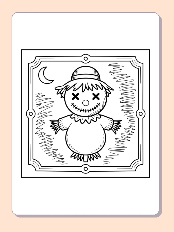 Black and white printable scarecrow doll portrait coloring sheet