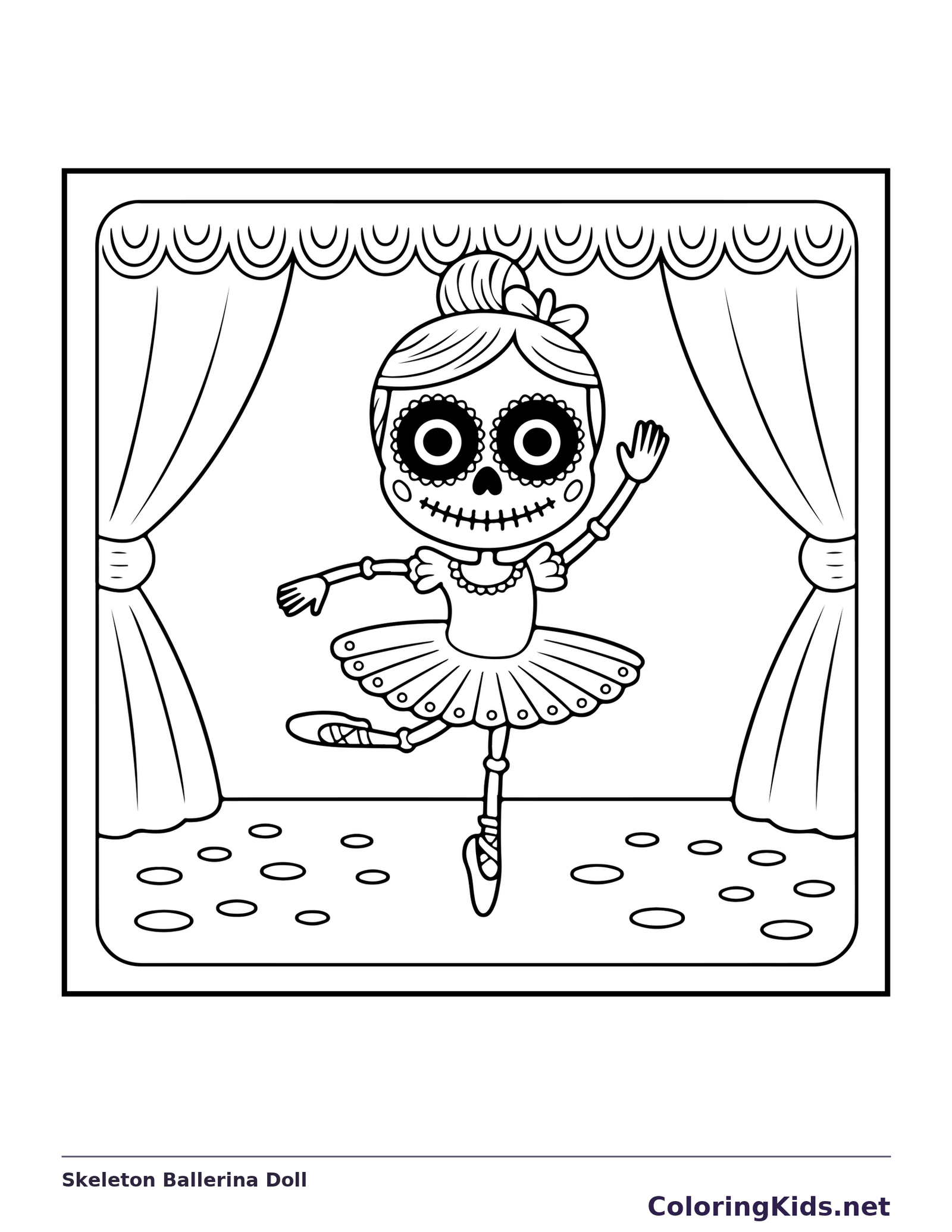 Black and white printable skeleton ballerina doll coloring sheet