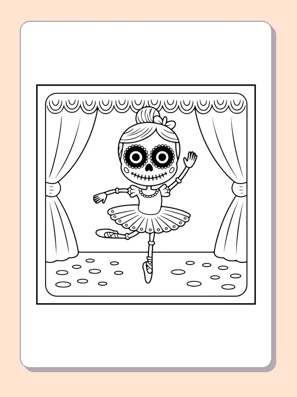 Black and white printable skeleton ballerina doll coloring sheet
