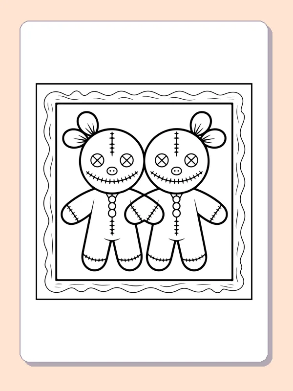 Black and white printable two patchwork dolls in a frame coloring sheet