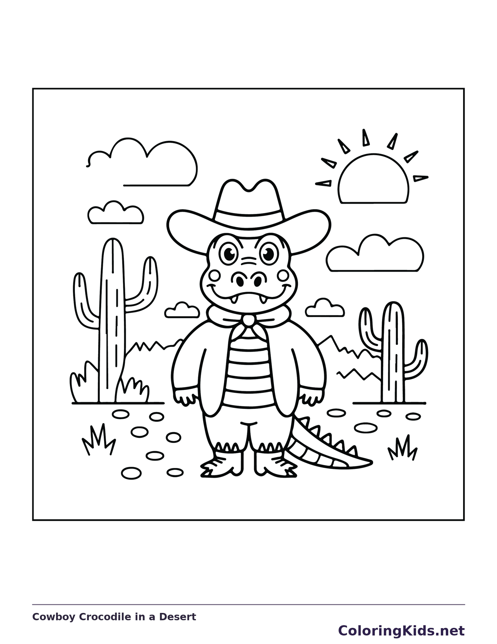 Cowboy Crocodile in a Desert coloring page: black and white line art to print or color online