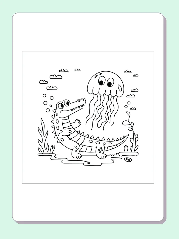 Crocodile and Jellyfish in the Water coloring page: black and white line art to print or color online