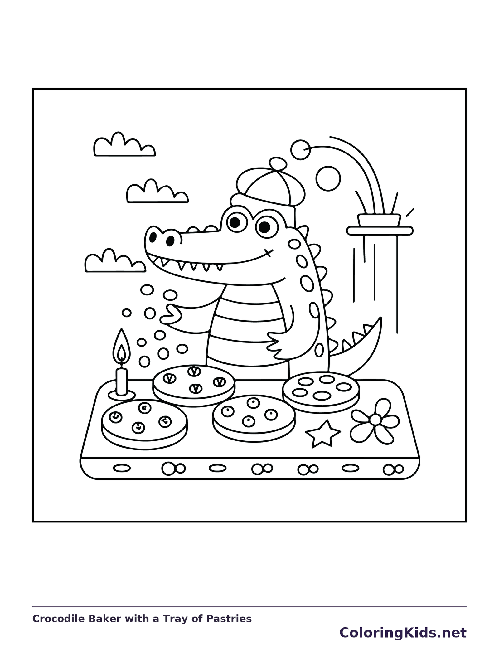 Crocodile Baker with a Tray of Pastries coloring page: black and white line art to print or color online
