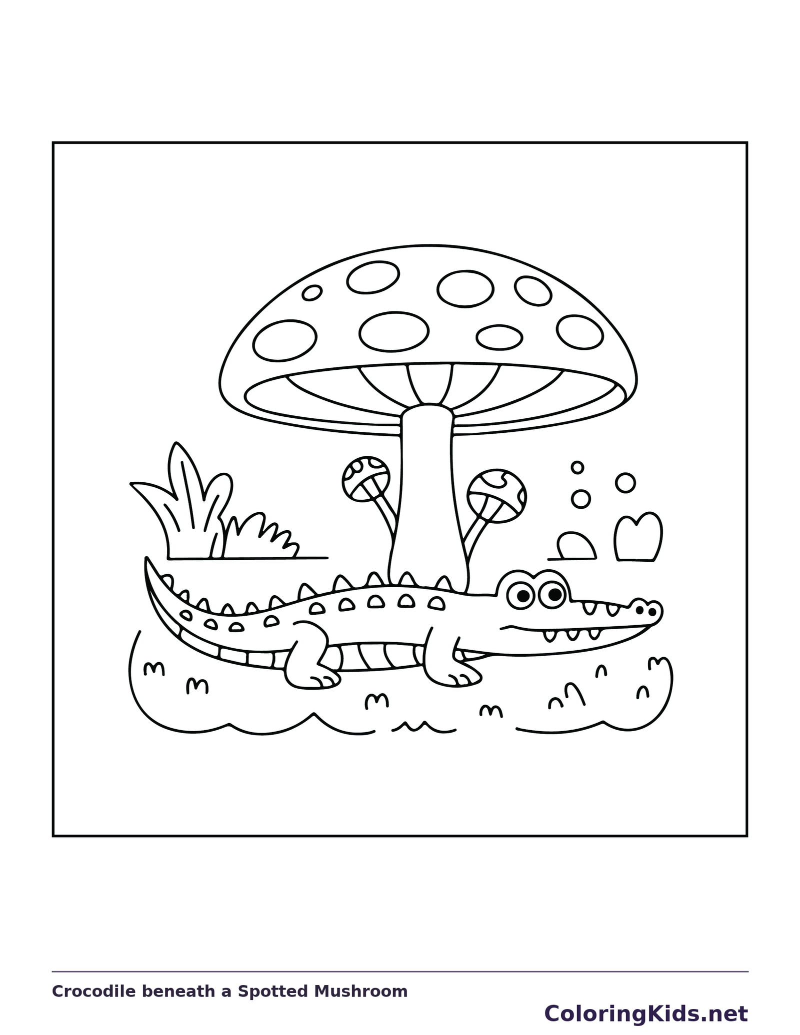 Crocodile beneath a Spotted Mushroom coloring page: black and white line art to print or color online