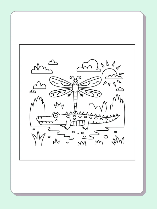 Crocodile beside a Dragonfly coloring page: black and white line art to print or color online