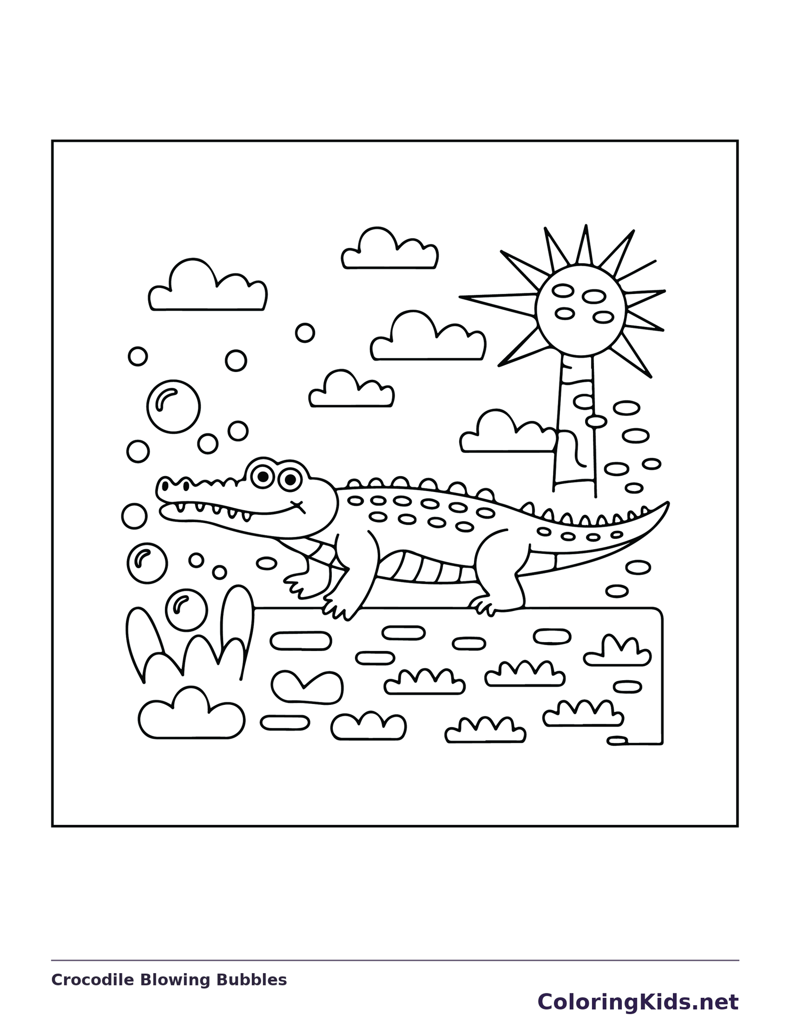 Crocodile Blowing Bubbles coloring page: black and white line art to print or color online