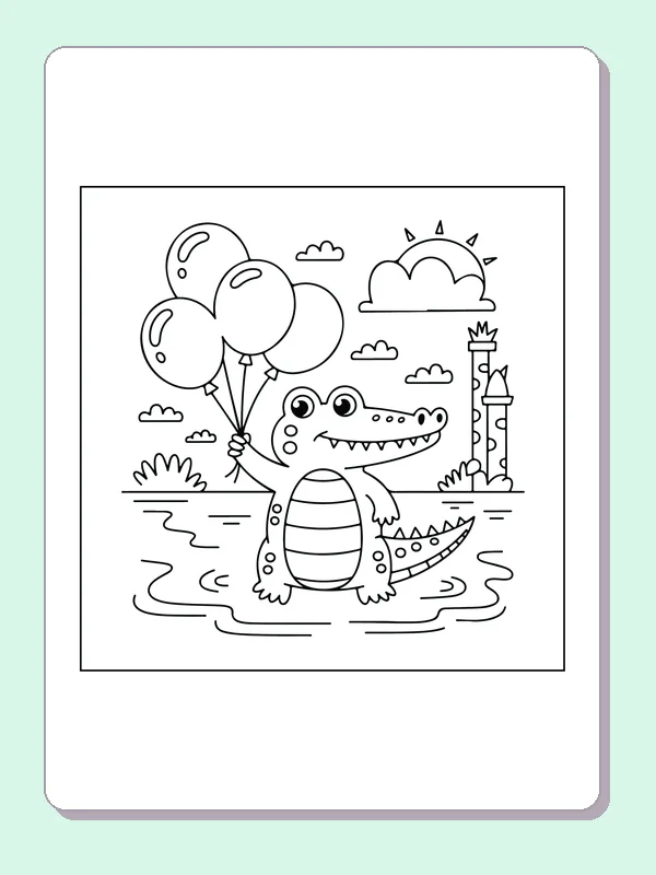 Crocodile Carrying Balloons by the Tower coloring page: black and white line art to print or color online