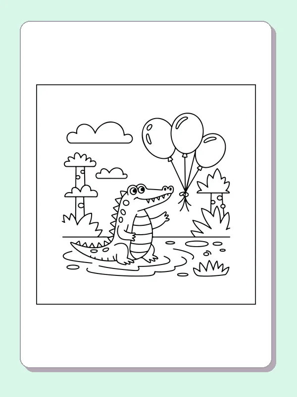 Crocodile Carrying Balloons coloring page: black and white line art to print or color online