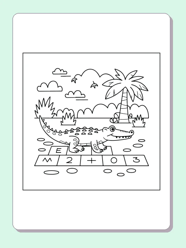 Crocodile Crossing a Number Path coloring page: black and white line art to print or color online