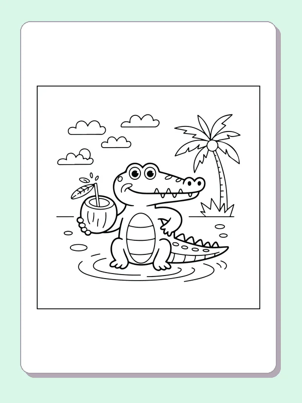 Crocodile Holding a Coconut Drink coloring page: black and white line art to print or color online