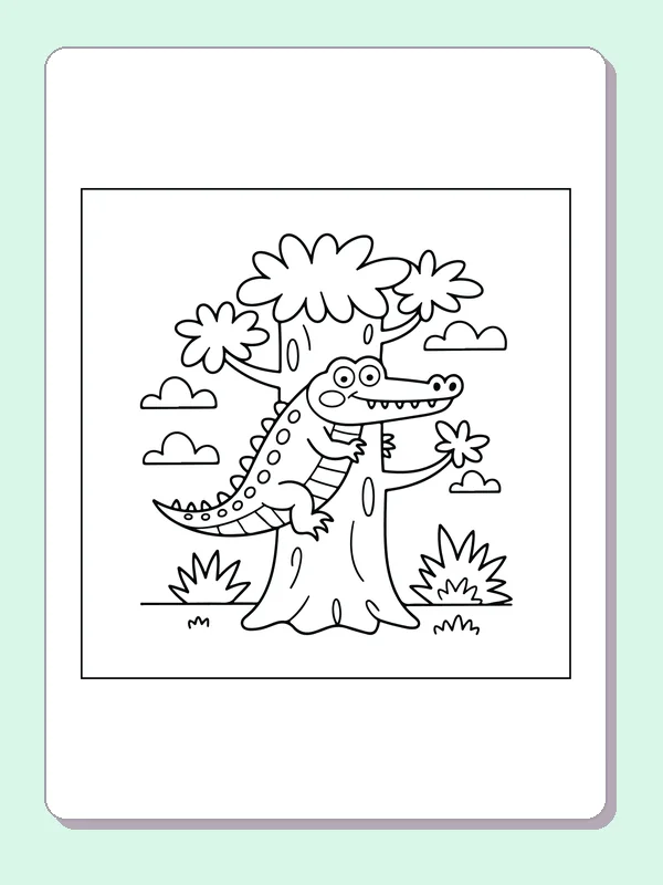 Crocodile Holding Flowers beside a Tree coloring page: black and white line art to print or color online