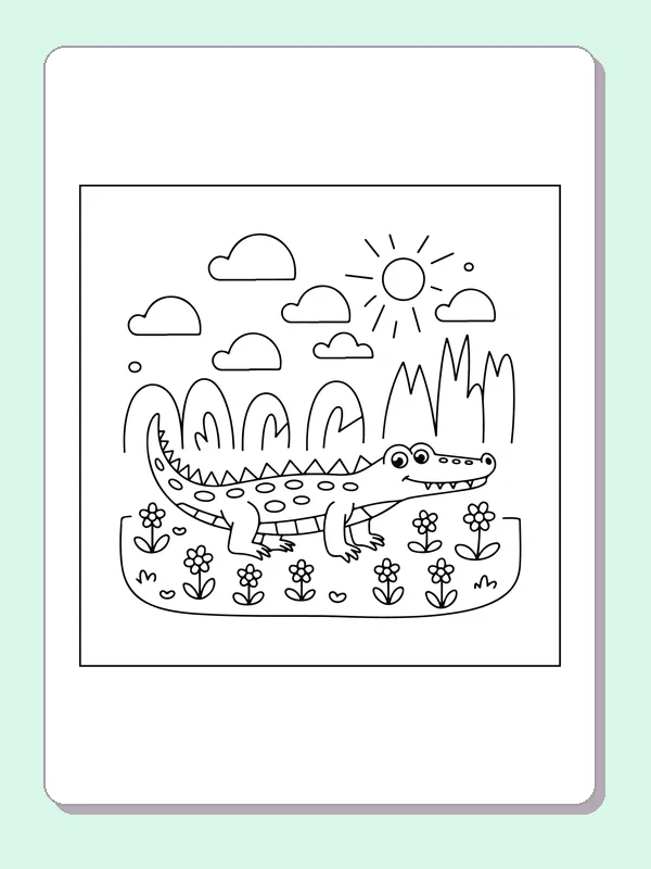 Crocodile in a Field of Flowers coloring page: black and white line art to print or color online