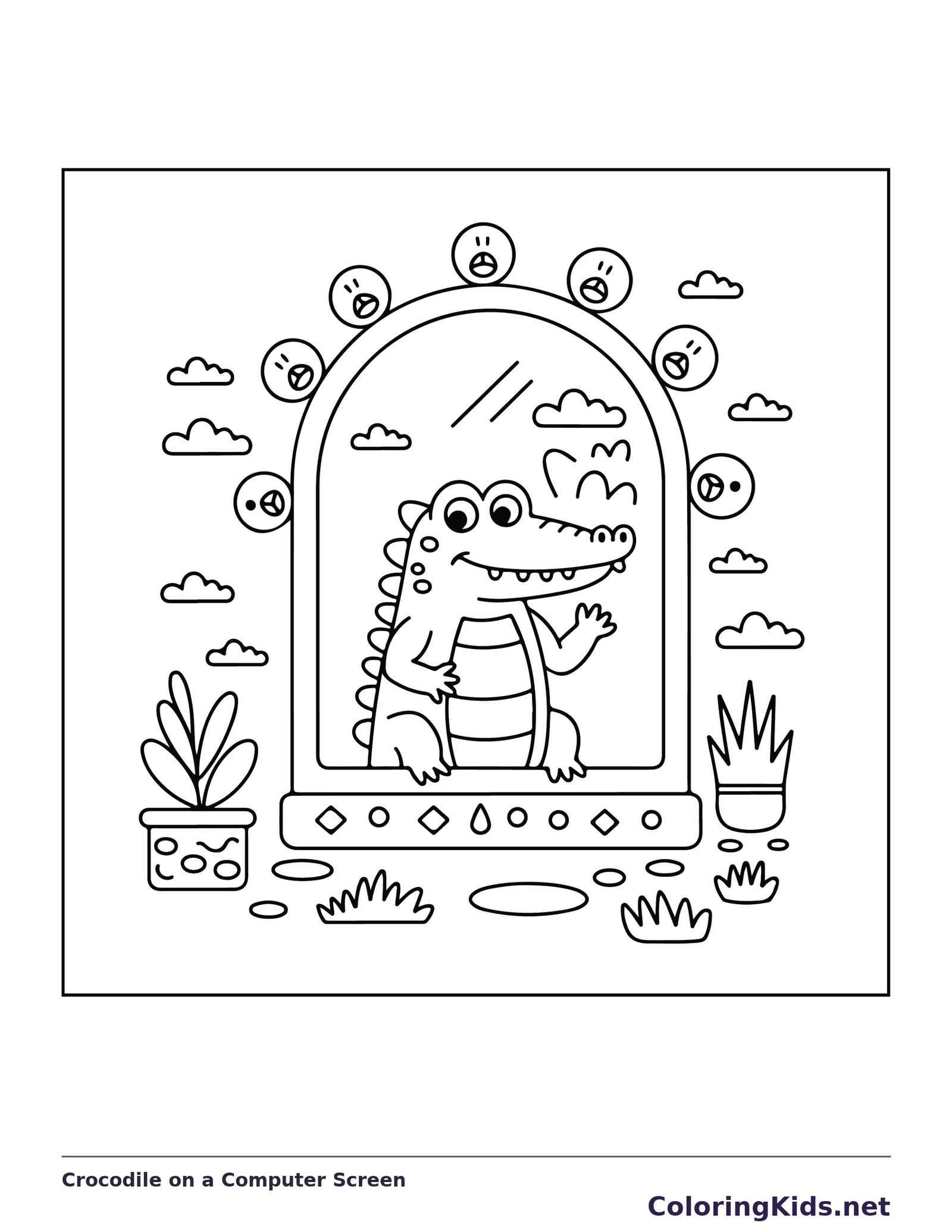 Crocodile on a Computer Screen coloring page: black and white line art to print or color online