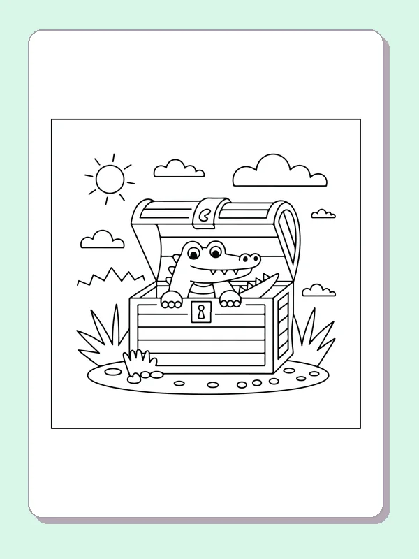 Crocodile Popping out of a Treasure Chest coloring page: black and white line art to print or color online