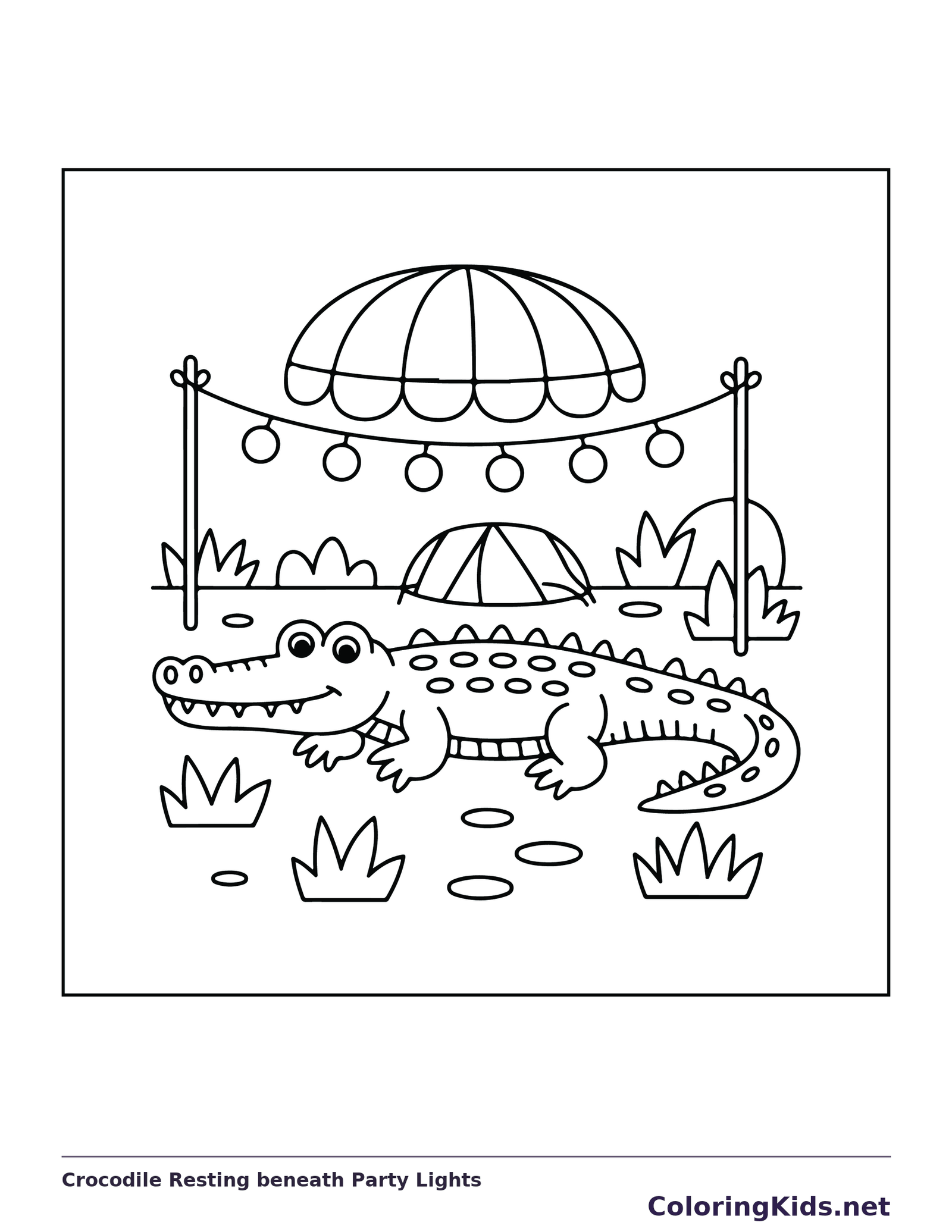 Crocodile Resting beneath Party Lights coloring page: black and white line art to print or color online