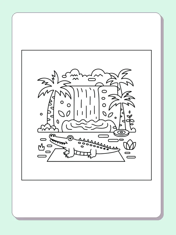 Crocodile Resting by a Tropical Waterfall coloring page: black and white line art to print or color online