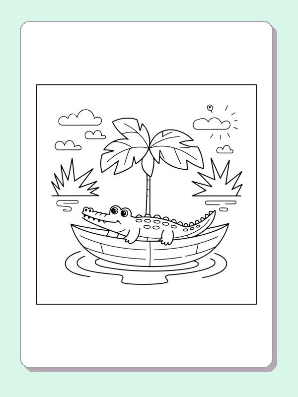 Crocodile Riding a Banana Boat coloring page: black and white line art to print or color online