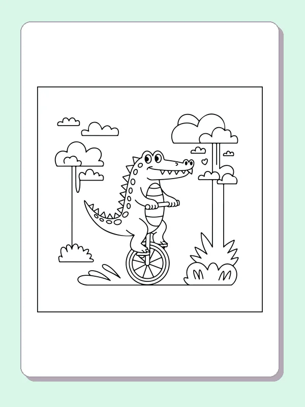 Crocodile Riding a Unicycle coloring page: black and white line art to print or color online