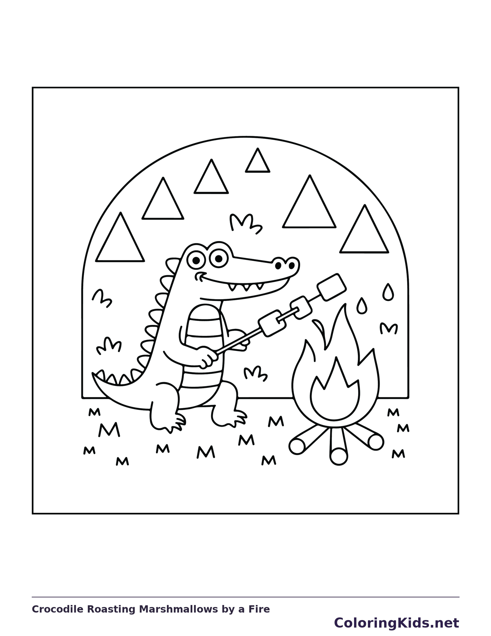 Crocodile Roasting Marshmallows by a Fire coloring page: black and white line art to print or color online