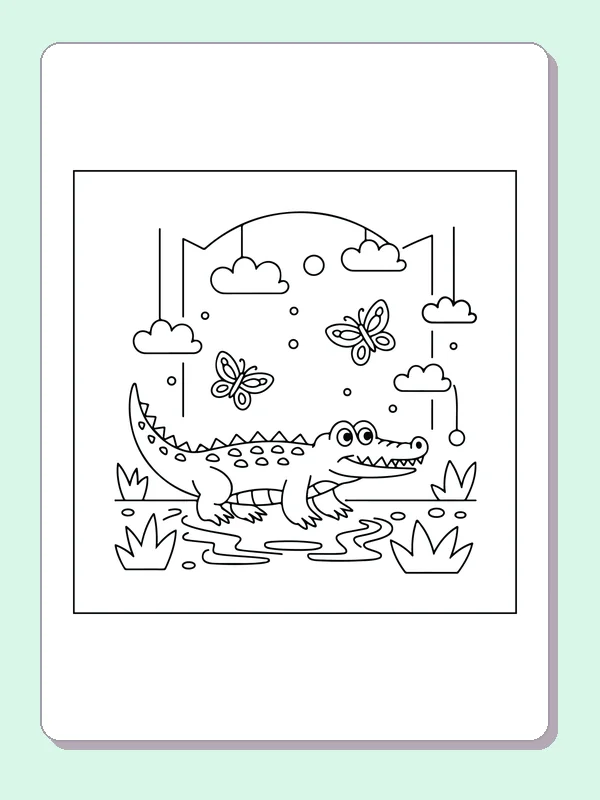 Crocodile Swimming beneath Butterflies coloring page: black and white line art to print or color online