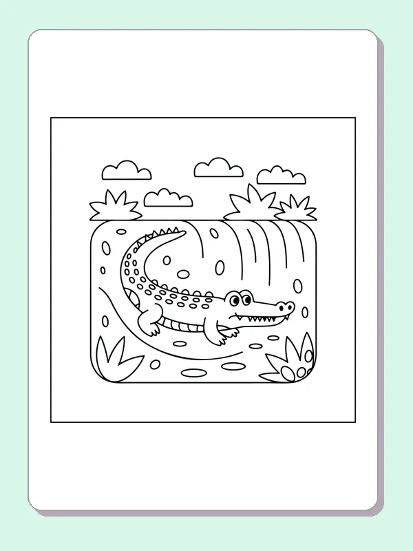 Crocodile Swimming near a Waterfall coloring page: black and white line art to print or color online