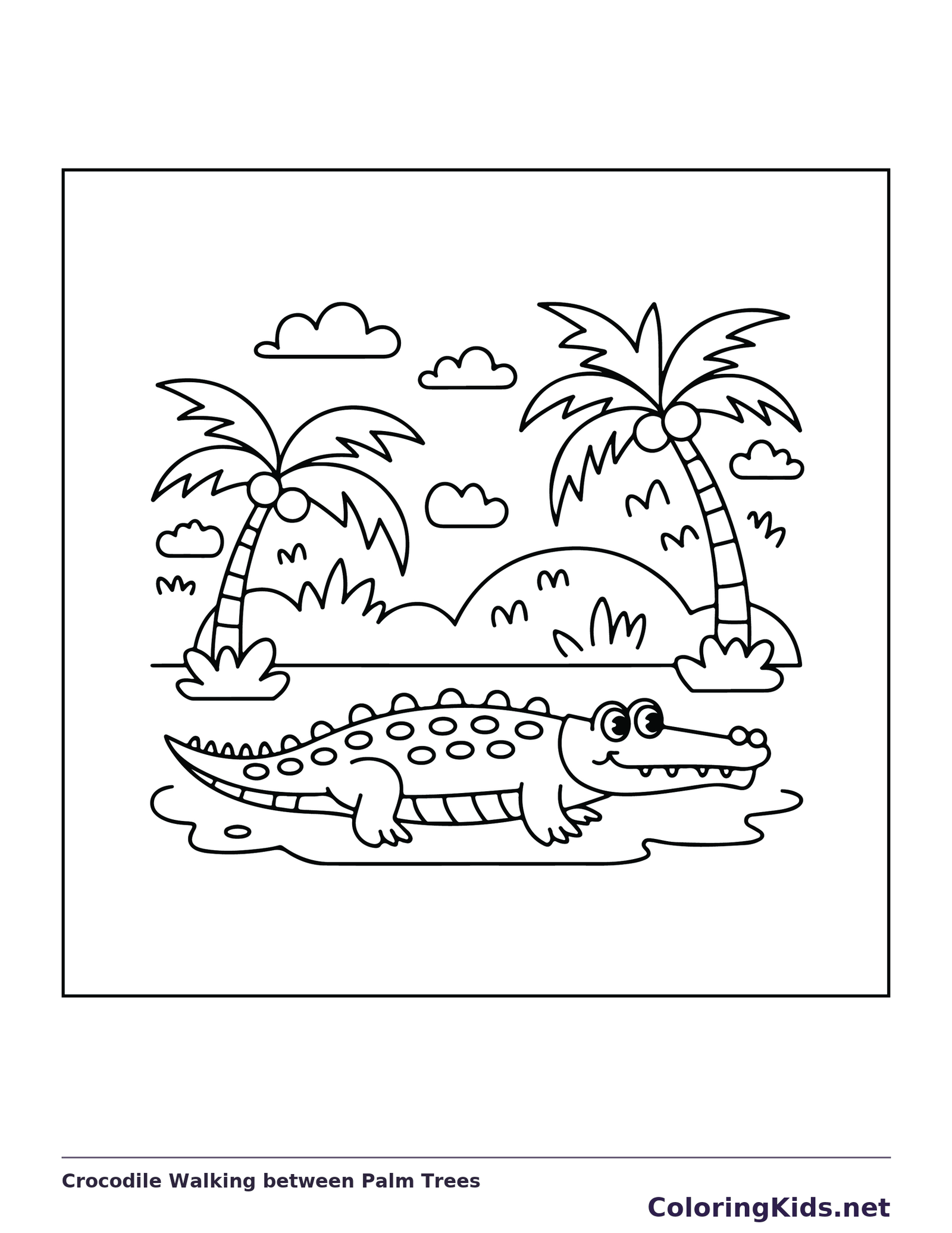Crocodile Walking between Palm Trees coloring page: black and white line art to print or color online
