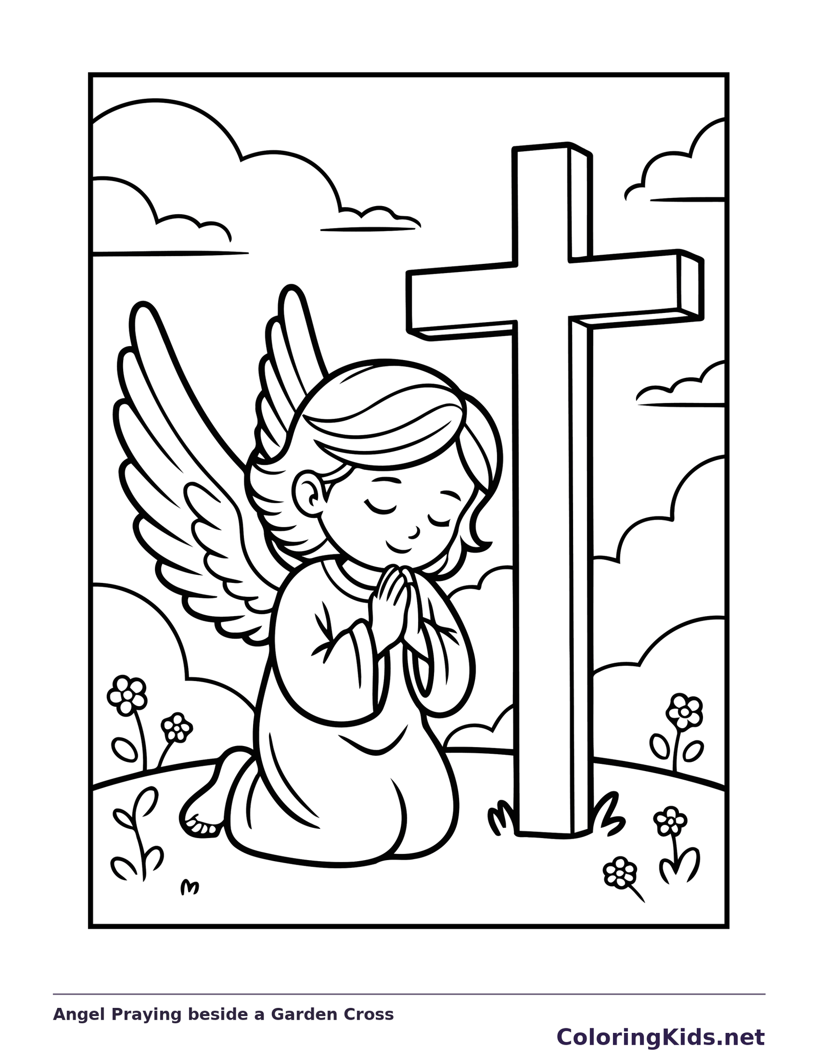 Black and white printable angel praying beside a garden cross coloring sheet