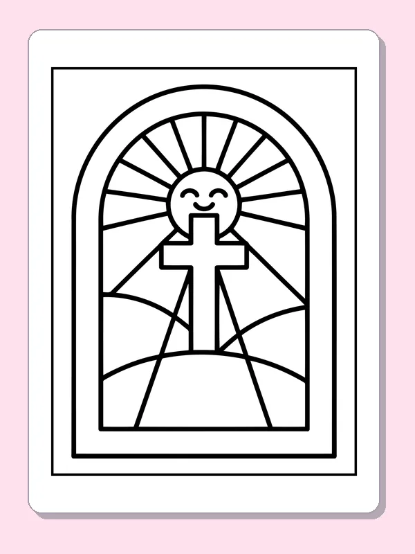 Black and white cross in an arched window beneath a smiling sun coloring sheet